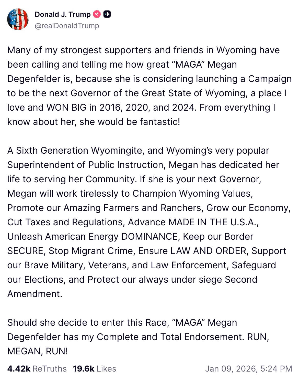 Truth Social endorsement by President Donald J. Trump